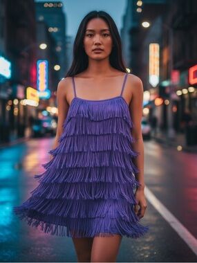 H&M Purple Fringe Tiered Mini Dress